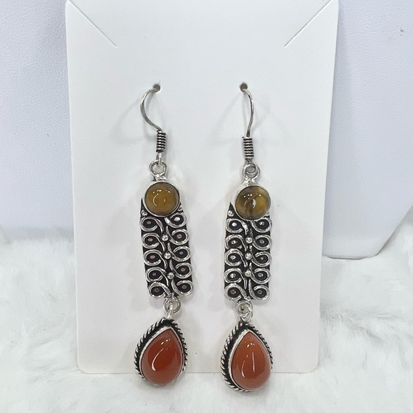 Carnelian Tiger Eye 925 Gemstone Earring - Picture 1 of 3